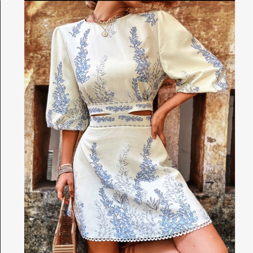 Boho Floral Print cut Out Tie Back Cuff Sleeve Dress - Picture 5 of 5